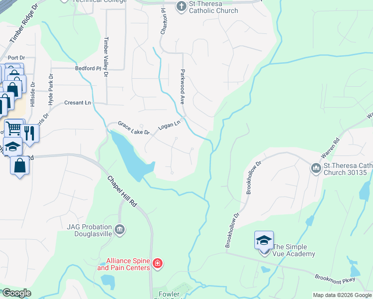 map of restaurants, bars, coffee shops, grocery stores, and more near 9377 Grace Lake Dr in Douglasville