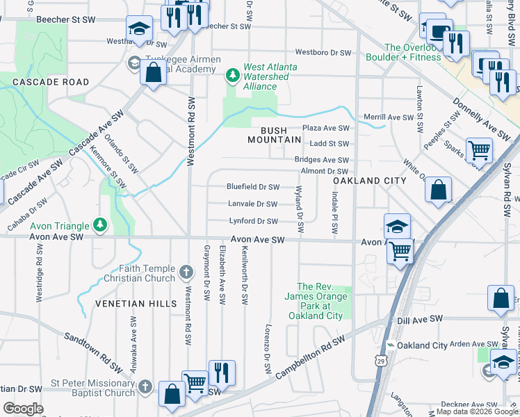 map of restaurants, bars, coffee shops, grocery stores, and more near 1395 Lanvale Drive Southwest in Atlanta
