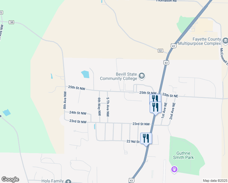 map of restaurants, bars, coffee shops, grocery stores, and more near 25th Street Northwest in Fayette