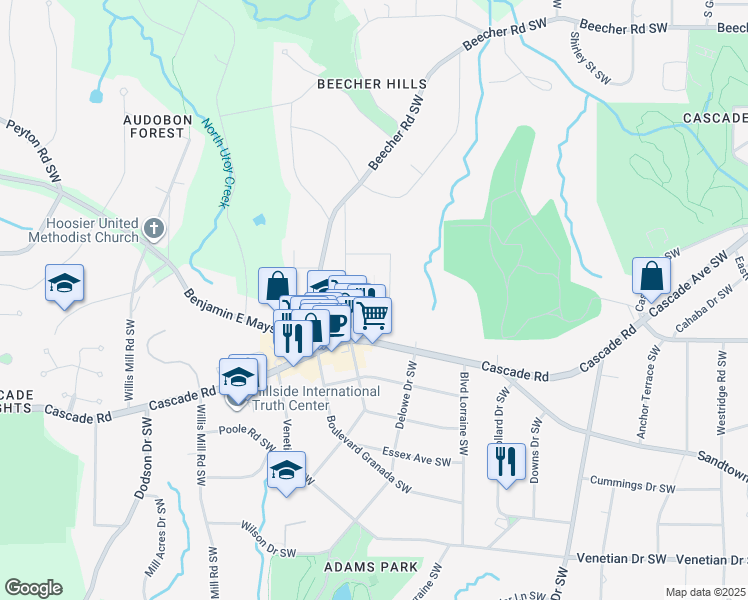 map of restaurants, bars, coffee shops, grocery stores, and more near 1111 Dolphin Drive Southwest in Atlanta