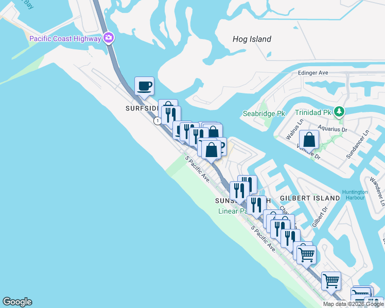 map of restaurants, bars, coffee shops, grocery stores, and more near in Huntington Beach