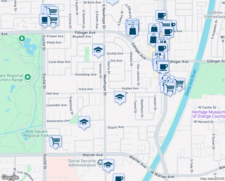 map of restaurants, bars, coffee shops, grocery stores, and more near 11566 Azalea Avenue in Fountain Valley