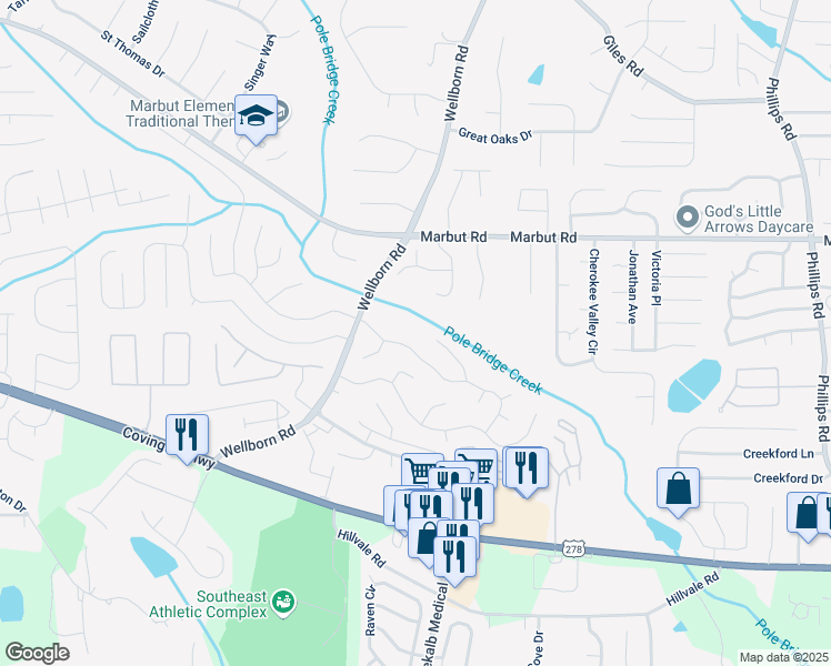 map of restaurants, bars, coffee shops, grocery stores, and more near 2184 Sara Ashley Way in Lithonia