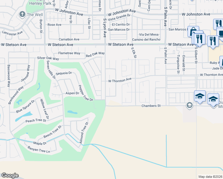 map of restaurants, bars, coffee shops, grocery stores, and more near 1336 Limonite Street in Hemet