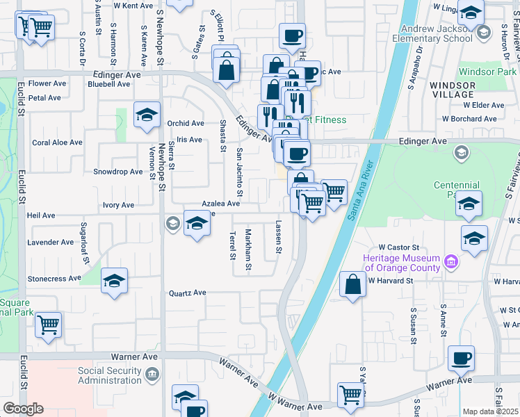 map of restaurants, bars, coffee shops, grocery stores, and more near 16454 Everest Circle in Fountain Valley
