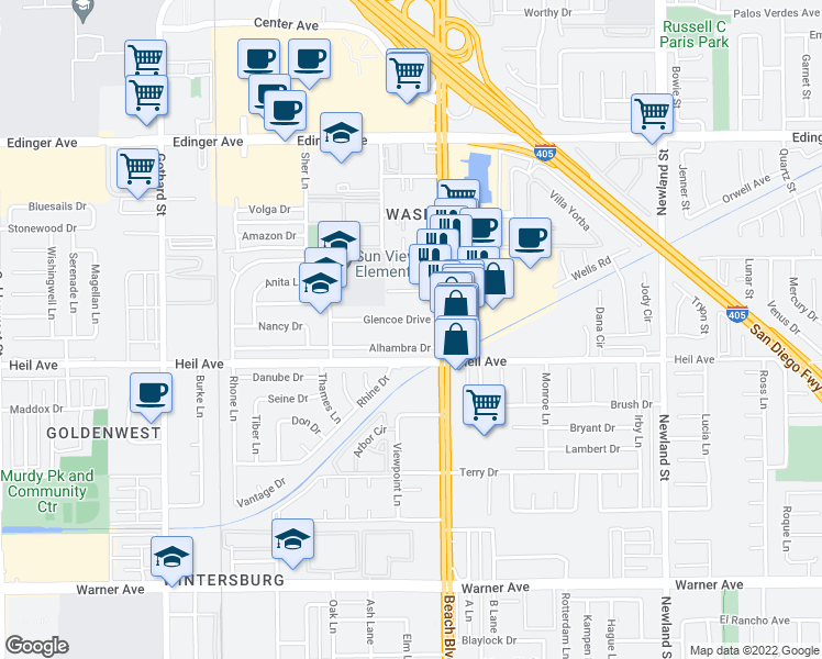 map of restaurants, bars, coffee shops, grocery stores, and more near 16371 Beach Boulevard in Huntington Beach