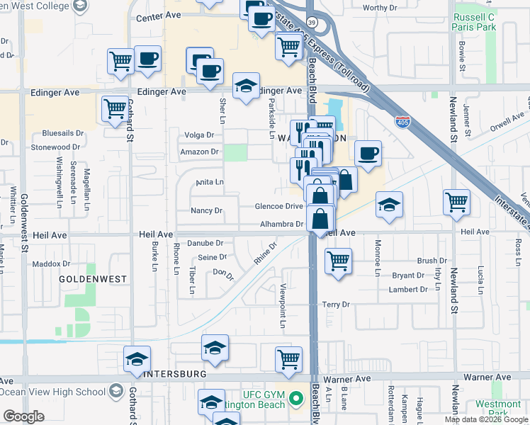 map of restaurants, bars, coffee shops, grocery stores, and more near 7871 Glencoe Drive in Huntington Beach
