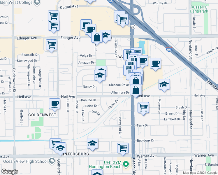 map of restaurants, bars, coffee shops, grocery stores, and more near 7771 Glencoe Drive in Huntington Beach