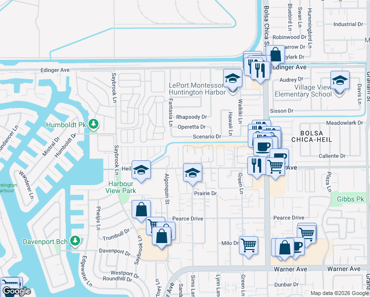 map of restaurants, bars, coffee shops, grocery stores, and more near 4592 Scenario Drive in Huntington Beach