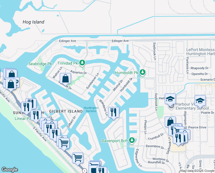 map of restaurants, bars, coffee shops, grocery stores, and more near 16352 Maruffa Circle in Huntington Beach