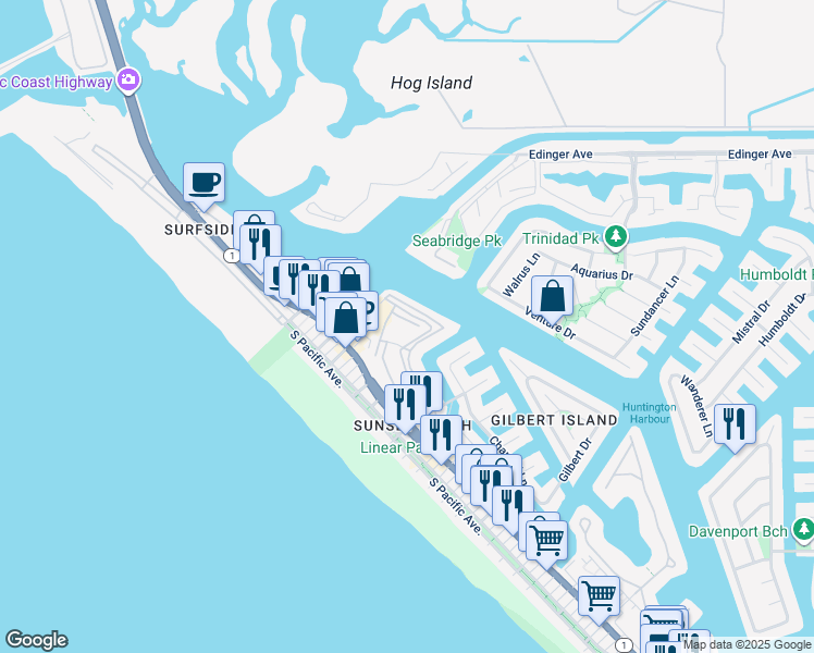 map of restaurants, bars, coffee shops, grocery stores, and more near 3195 Anne Circle in Huntington Beach