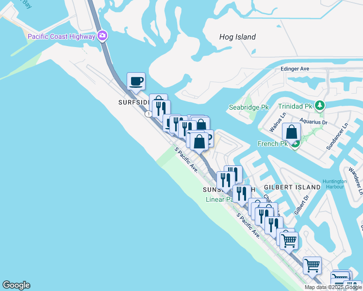 map of restaurants, bars, coffee shops, grocery stores, and more near in Seal Beach