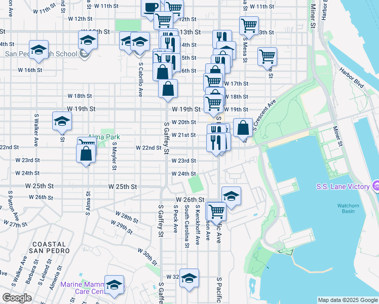 map of restaurants, bars, coffee shops, grocery stores, and more near 580 West 22nd Street in Los Angeles