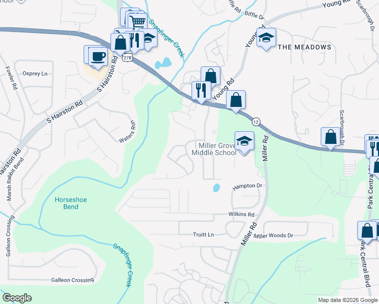 map of restaurants, bars, coffee shops, grocery stores, and more near 4907 Creekside Place in Decatur