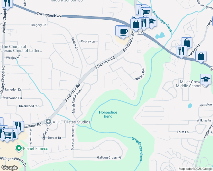 map of restaurants, bars, coffee shops, grocery stores, and more near 2344 Bankside Circle in Decatur