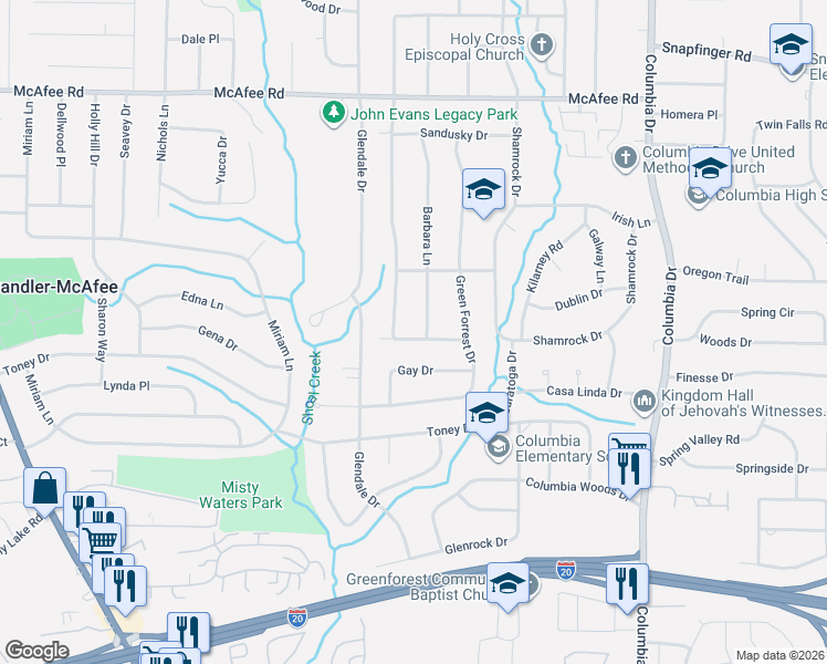 map of restaurants, bars, coffee shops, grocery stores, and more near 2219 Barbara Lane in Decatur