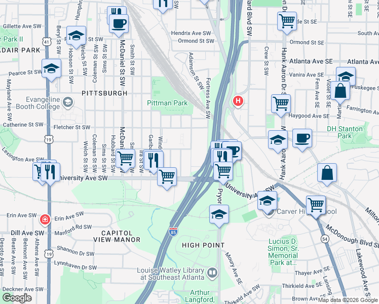 map of restaurants, bars, coffee shops, grocery stores, and more near 1108 West Avenue Southwest in Atlanta
