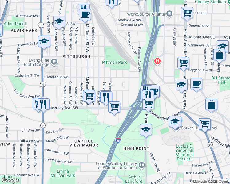 map of restaurants, bars, coffee shops, grocery stores, and more near 286 Roy Street Southwest in Atlanta