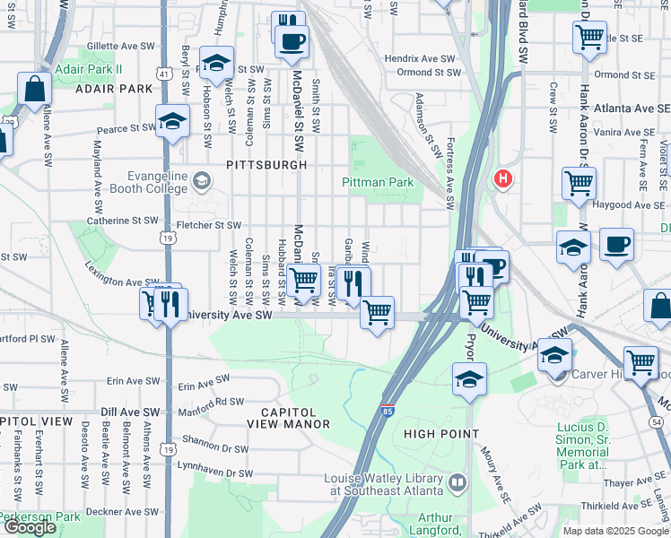 map of restaurants, bars, coffee shops, grocery stores, and more near 1116 Smith Street Southwest in Atlanta