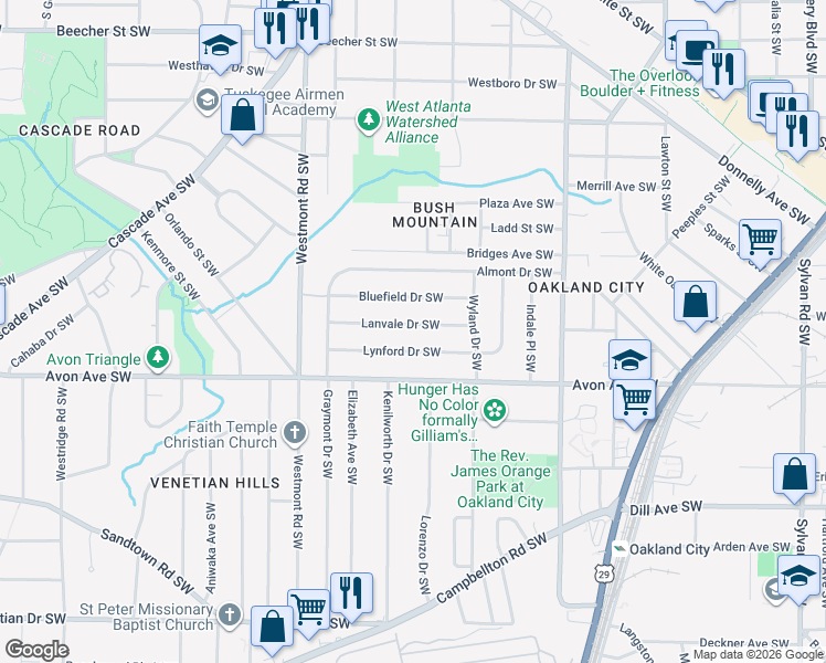 map of restaurants, bars, coffee shops, grocery stores, and more near 1395 Lanvale Drive Southwest in Atlanta