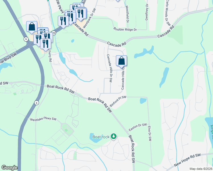 map of restaurants, bars, coffee shops, grocery stores, and more near 5568 Cascade Hills Loop Southwest in Atlanta