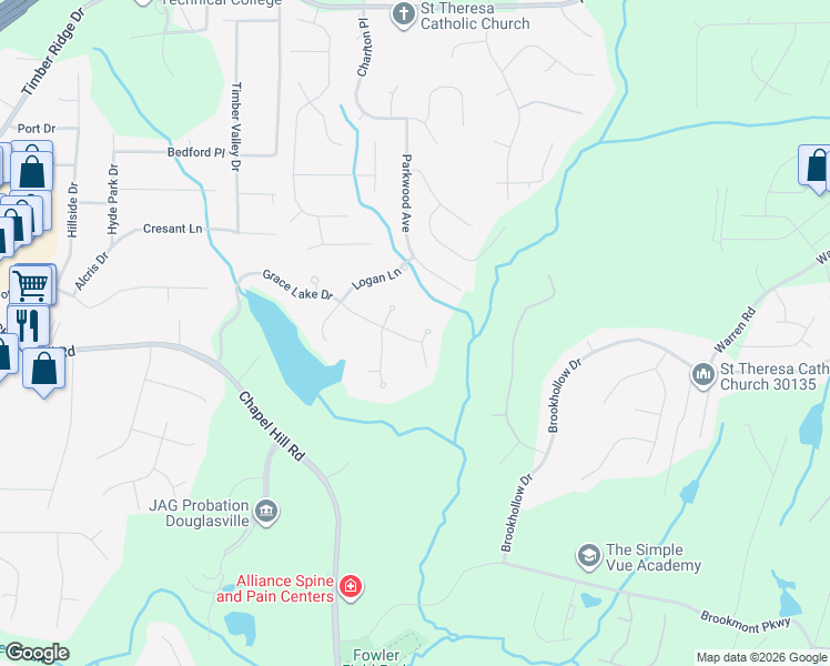 map of restaurants, bars, coffee shops, grocery stores, and more near 9377 Grace Lake Drive in Douglasville