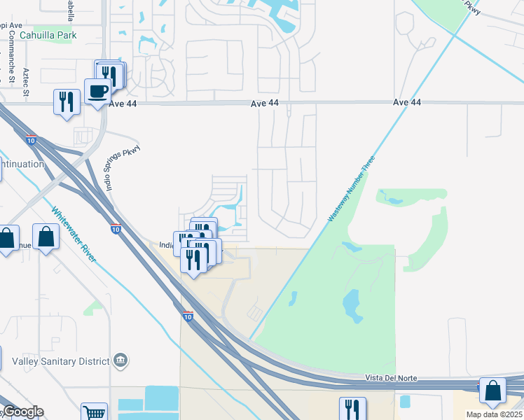 map of restaurants, bars, coffee shops, grocery stores, and more near 44760 San Chapelle Court in Indio