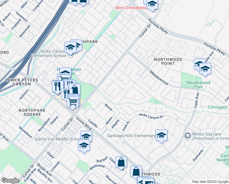 map of restaurants, bars, coffee shops, grocery stores, and more near 8 Heatherwood in Irvine