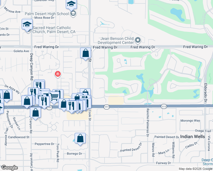 map of restaurants, bars, coffee shops, grocery stores, and more near 75140 Inverness Drive in Indian Wells