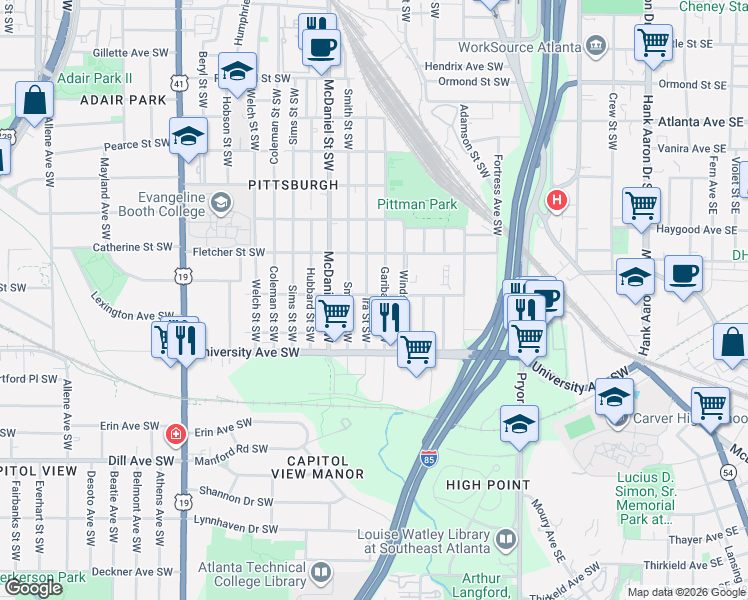 map of restaurants, bars, coffee shops, grocery stores, and more near 1114 Garibaldi Street Southwest in Atlanta