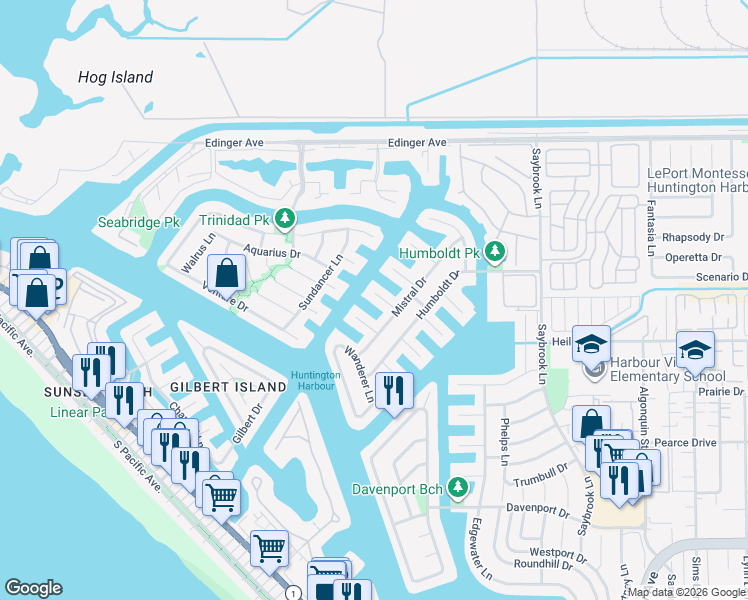 map of restaurants, bars, coffee shops, grocery stores, and more near 16352 Maruffa Circle in Huntington Beach