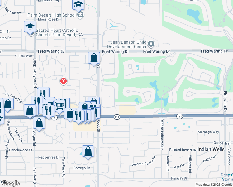 map of restaurants, bars, coffee shops, grocery stores, and more near 75140 Inverness Drive in Indian Wells