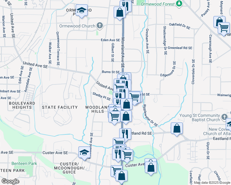 map of restaurants, bars, coffee shops, grocery stores, and more near 1126 United Avenue Southeast in Atlanta