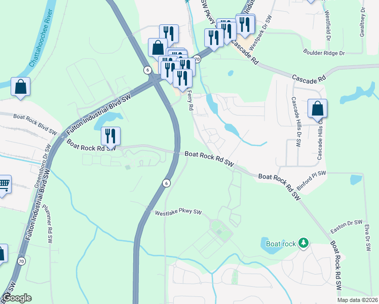 map of restaurants, bars, coffee shops, grocery stores, and more near 968 Boat Rock Road Southwest in Atlanta