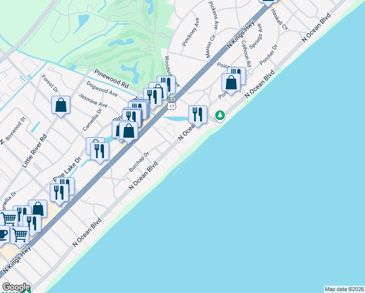 map of restaurants, bars, coffee shops, grocery stores, and more near 5301 Ocean Village Drive in Myrtle Beach