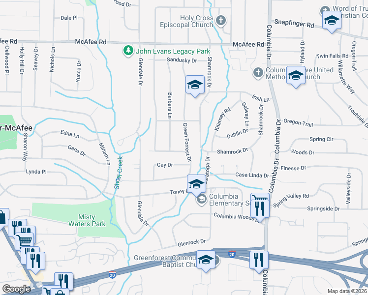 map of restaurants, bars, coffee shops, grocery stores, and more near 2217 Green Forrest Drive in Decatur