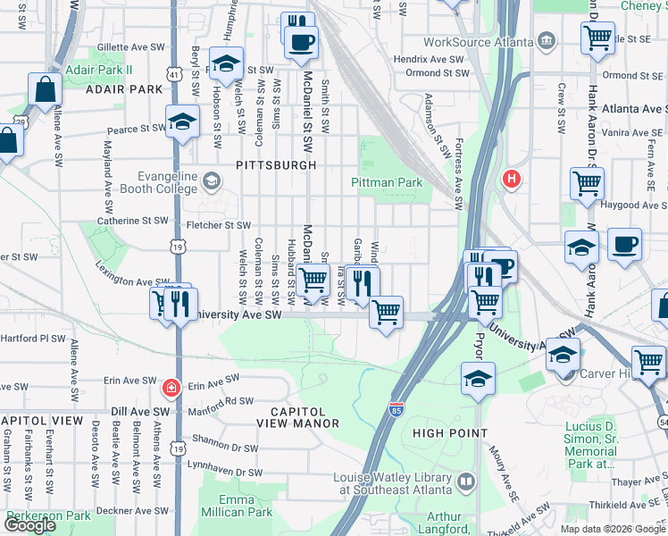 map of restaurants, bars, coffee shops, grocery stores, and more near 1116 Smith Street Southwest in Atlanta