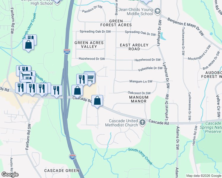 map of restaurants, bars, coffee shops, grocery stores, and more near 1050 Beechcrest Road in Atlanta