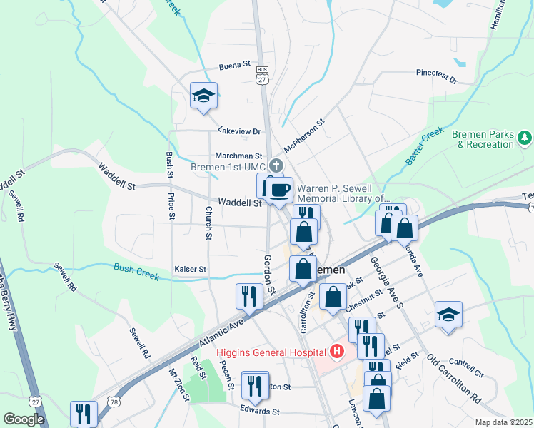 map of restaurants, bars, coffee shops, grocery stores, and more near 310 Gordon Street in Bremen
