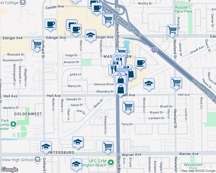 map of restaurants, bars, coffee shops, grocery stores, and more near Glencoe Drive in Huntington Beach