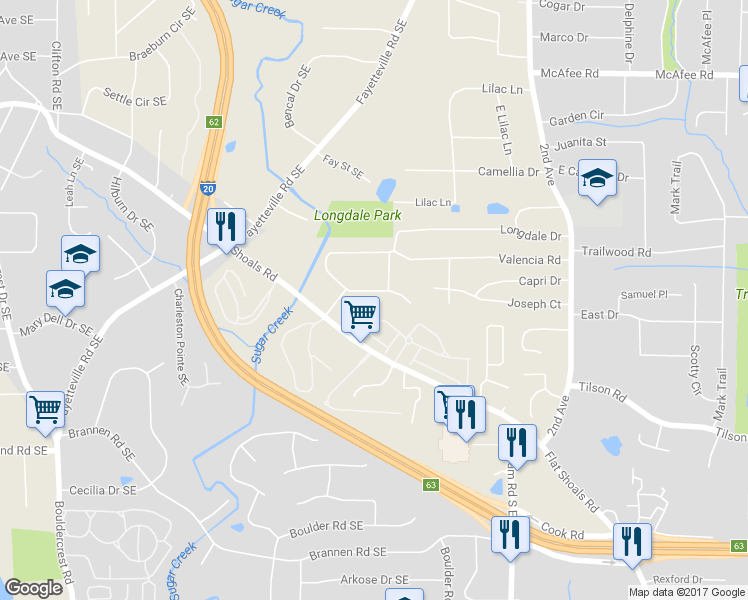 map of restaurants, bars, coffee shops, grocery stores, and more near 1686 Valencia Road in Decatur