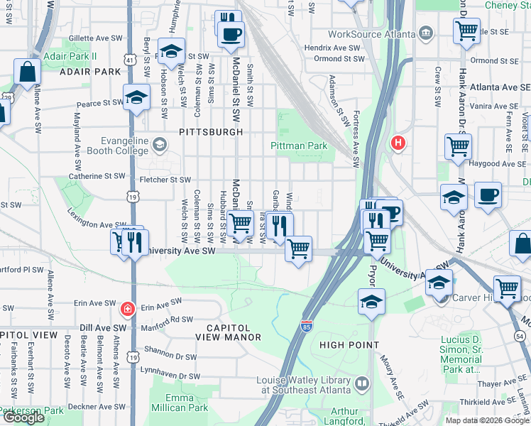 map of restaurants, bars, coffee shops, grocery stores, and more near 1116 Smith Street Southwest in Atlanta