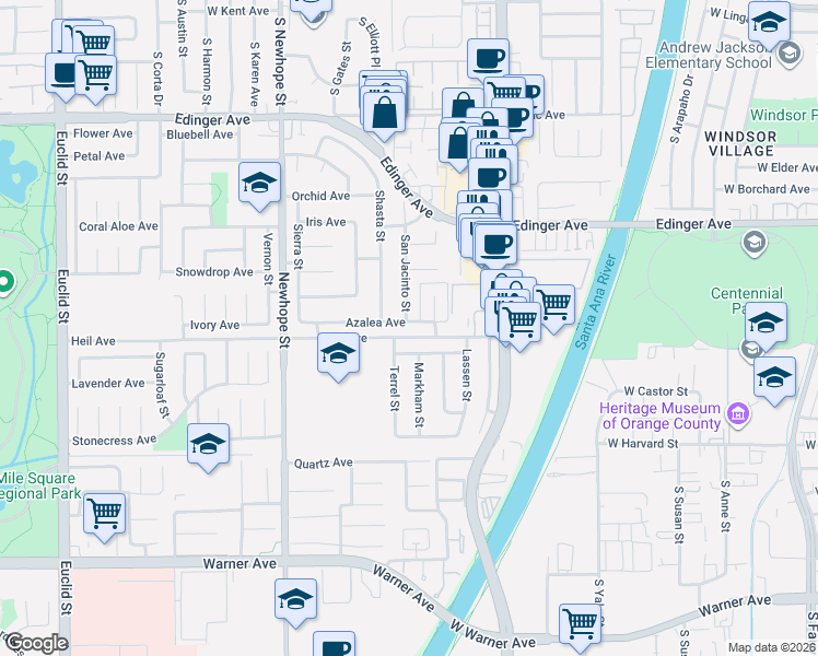 map of restaurants, bars, coffee shops, grocery stores, and more near 11782 Azalea Avenue in Fountain Valley