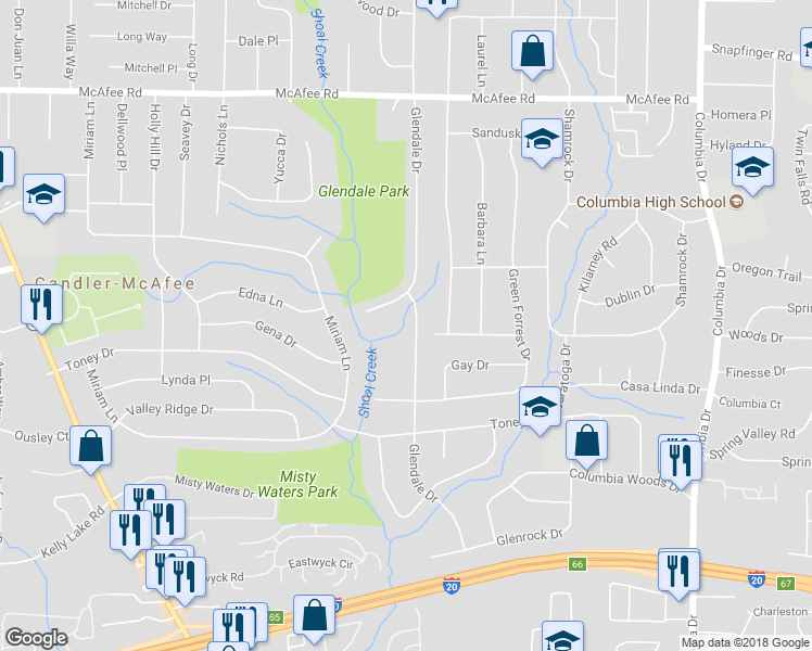 map of restaurants, bars, coffee shops, grocery stores, and more near 2241 Glendale Drive in Decatur