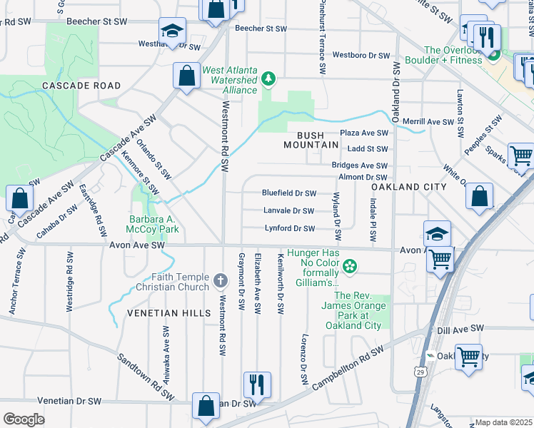 map of restaurants, bars, coffee shops, grocery stores, and more near 1436 Lanvale Drive Southwest in Atlanta