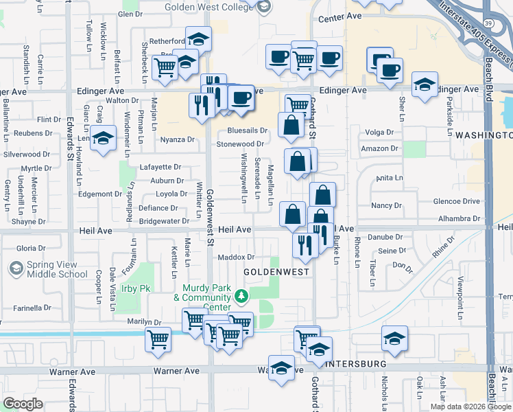 map of restaurants, bars, coffee shops, grocery stores, and more near 16401 Serenade Lane in Huntington Beach
