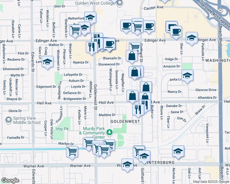 map of restaurants, bars, coffee shops, grocery stores, and more near 16401 Serenade Lane in Huntington Beach