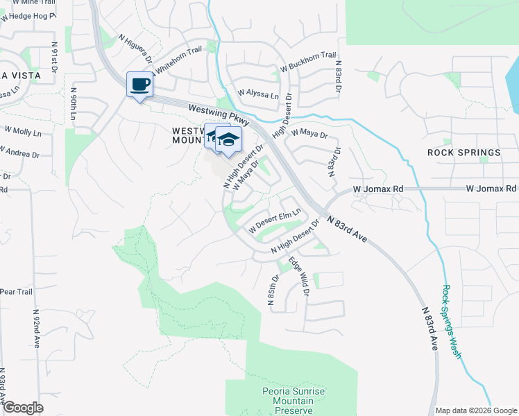 map of restaurants, bars, coffee shops, grocery stores, and more near 8480 West Coyote Drive in Peoria