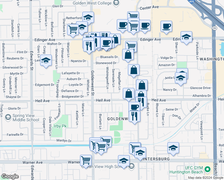 map of restaurants, bars, coffee shops, grocery stores, and more near 16401 Serenade Lane in Huntington Beach