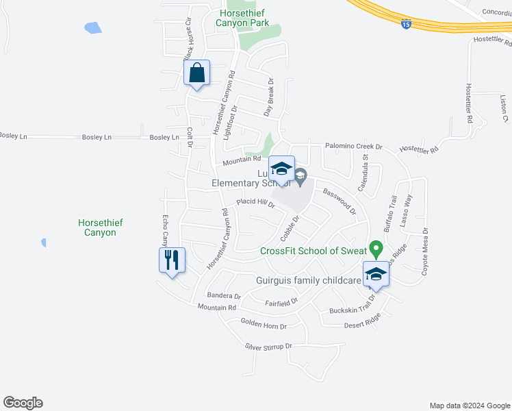 map of restaurants, bars, coffee shops, grocery stores, and more near 13359 Placid Hill Drive in Corona